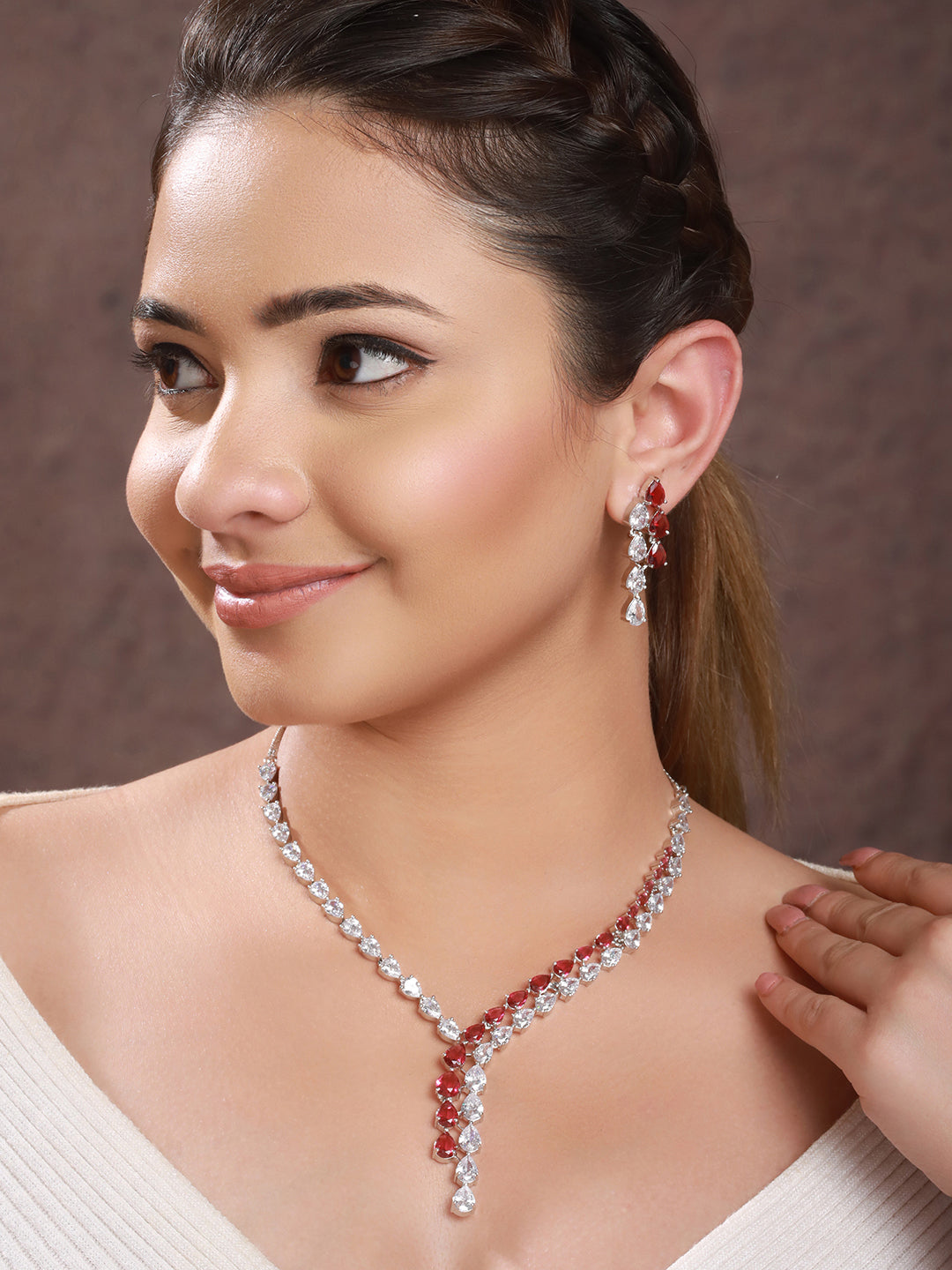 Silver Toned Red  CZ Statement Designer Necklace Jewellery Set